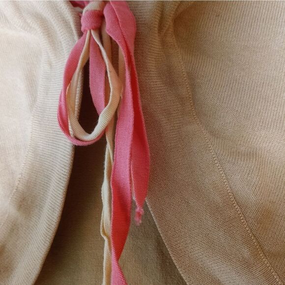 LaRue39 8P SILKBlend BeigeKnit 3/4Sleev CroppedEmbroidery Women's Cardigan - Picture 4 of 5